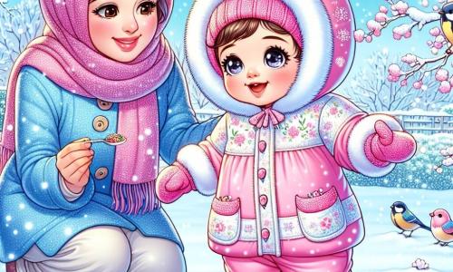 Ein einjähriges Mädchen mit großen, leuchtenden Augen und rosigen Wangen steht in einem verschneiten Garten. Sie trägt einen rosa Schneeanzug mit einer weißen Fellkapuze und lächelt fröhlich, während sie den fallenden Schneeflocken zusieht. Ihre Mutter, eine Frau in den Dreißigern, steht neben ihr, gekleidet in einen blauen Mantel und eine Wollmütze. Sie lächelt liebevoll und zeigt ihrer Tochter, wie man die Vögel füttert. Der Garten ist mit funkelndem Schnee bedeckt, die Bäume sind mit Schnee beladen, und im Hintergrund ist ein hellblauer Himmel. Bunte Vögel, wie Meisen, fliegen um sie herum, angezogen von dem Futter, das die Mutter auf den Boden gestreut hat. Das kleine Mädchen hat Spaß daran, die Vögel zu beobachten und im Schnee zu spielen, während ihre Mutter ihr zeigt, wie man sie füttert, was eine warme und fröhliche Szene eines magischen Winters schafft.