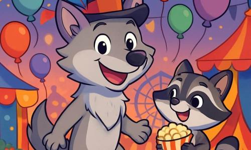 A young wolf named Ludo, with soft, silky light gray fur, stands at the center of the scene, his eyes sparkling with excitement and a big smile on his face. He wears a top hat adorned with a colorful feather, and balloons float around him, adding a touch of magic to his appearance. Beside him, a small raccoon named Pippa, with striped black and gray fur, has a mischievous smile as she holds a popcorn cone in her front paws. She joyfully jumps, her eyes sparkling with enthusiasm, ready to join the adventure. The setting is a vibrant carnival filled with twinkling lanterns and colorful stalls, with flower garlands and floating balloons in the air. In the background, a large illuminated Ferris wheel slowly turns, creating a festive and joyful atmosphere. Ludo and Pippa are preparing to enter the grand parade, surrounded by cheerful creatures and bright colors, ready to share their magic and happiness with all the carnival visitors.