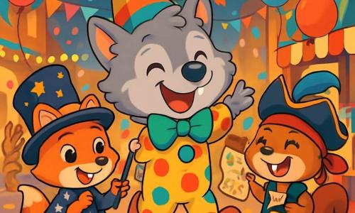 Ein kleiner Wolf namens Lupo mit silbrigem, glänzendem Fell trägt ein zu großes Clownskostüm und einen bunten Hut, der ihm über die Ohren fällt. Er hat ein großes, fröhliches Lächeln und funkelnde Augen, während er vor Freude auf der Feier hüpft. Neben ihm steht ein kleiner Fuchs namens Felix, der in einem glitzernden Zauberkostüm mit einem großen schwarzen Hut, der mit goldenen Sternen verziert ist, gekleidet ist. Er lächelt schelmisch, hält einen Zauberstab und macht magische Gesten. Ein wenig weiter lacht ein Eichhörnchen namens Nala, verkleidet als Pirat mit einem roten Stirnband und einem Federhut, während sie eine bunte Schatzkarte schwenkt. Die Kulisse ist eine belebte Karnevalstraße, gefüllt mit bunten Girlanden, schwebenden Ballons und Süßigkeitenständen. Helle Lichter erhellen die Szene, und kostümierte Tiere tanzen fröhlich um sie herum. Lupo, Felix und Nala feiern ihre Entdeckung eines versteckten Schatzes, umgeben von buntem Konfetti, lachend und Süßigkeiten mit anderen fröhlichen Tieren teilend.