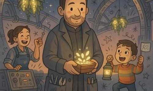Miguel, calmo e sorridente, rosto redondo com barba leve e olhos atentos, veste um longo casaco cinza com bolsos cheios de ferramentas brilhantes e segura uma pequena caixa de sementes luminosas aberta; o menino Léo (≈8 anos), excitado e maravilhado, cabelo curto castanho e suéter colorido, segura uma lanterna verde acesa e acena com uma pequena bandeira desde a rampa do asteroide; uma técnica de ~30 anos, risonha, cabelo preso e macacão azul manchado de óleo, está ao lado de um painel de controle aberto apontando para uma manivela reparada; o local é um porto espacial geoestacionário em forma de anel com grandes estruturas metálicas brilhantes, jardins suspensos com plantas luminescentes em microgravidade, passarelas azuis, painéis luminosos e uma rampa para um pequeno asteroide rochoso; a cena: Miguel desce da sua pequena nave prateada na rampa trocando as sementes luminosas com Léo enquanto a técnica valida o corredor reparado, luz suave do crepúsculo espacial, estrelas e uma cometa rosa ao fundo, atmosfera quente e ordenada.