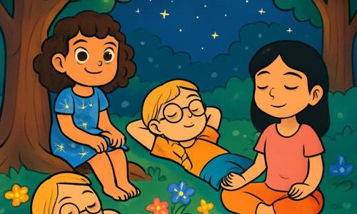 Há 3 personagens: - Clara: uma menina de 10 anos, com cabelos cacheados castanhos e olhos brilhantes. Ela usa um vestido azul com flores e está sentada em uma raiz de um grande carvalho, com as mãos sobre os joelhos. - Sofia: uma menina de 9 anos, com cabelos loiros trançados e óculos redondos. Ela está deitada na grama, com os braços atrás da cabeça, olhando para o céu estrelado. - Mariana: uma menina de 10 anos, com cabelos lisos pretos e um sorriso doce. Ela está sentada de pernas cruzadas, perto da fonte, com os olhos fechados, respirando profundamente. O local é uma clareira mágica, cercada por grandes árvores com troncos grossos e folhas verdes vibrantes. No centro, uma fonte de água cristalina brilha sob a luz das estrelas, e flores luminosas de cores vivas dançam ao redor, criando uma atmosfera pacífica e encantada. A cena principal mostra as três amigas relaxando juntas, respirando lentamente e se preparando para mergulhar em um sonho tranquilo, cercadas pela suavidade da noite e o murmúrio calmante da natureza.