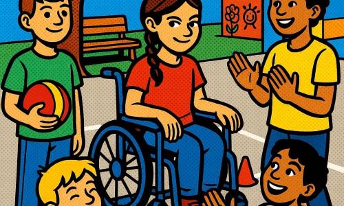 Hay cuatro niños: Martín, ~11 años, piel clara, pelo castaño corto, camiseta verde y vaqueros, a la izquierda con una pelota y sonrisa serena; Inés, ~11, piel morena, trenza, en silla de ruedas azul al centro-derecha con la mano en el reposabrazos y mirada traviesa; Sami, ~12, piel oliva, pelo negro rizado, camiseta amarilla a la derecha marcando el ritmo con palmas y sujetando la pelota en la cadera; y Leo, ~12, piel clara, pelo rubio, sudadera roja, sentado en primer plano izquierdo riendo tras levantarse. Están en una escuela bajo un gran árbol, suelo de hormigón con líneas de baloncesto, cuatro conos naranjas formando un rectángulo y un banco a la sombra; ambiente luminoso y colores vivos. Juegan a pasar la pelota al ritmo de las palmas: dos palmadas rápidas y una lenta; los demás esperan sobre los 