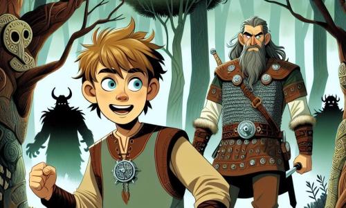 Im Zentrum des Bildes steht Ragnar, ein zwölfjähriger Junge, mutig mit leuchtenden Augen voller Aufregung und Entschlossenheit. Er hat zerzauste blonde Haare, trägt eine braune Ledertunika und eine Amulett in Form eines Wikingerschiffs um den Hals. Er hebt die Faust, bereit, dem Unbekannten entgegenzutreten. An seiner rechten Seite steht Ragnar Lodbrok, ein kräftiger Mann von etwa vierzig Jahren mit einem langen grauen Bart und Wikinger-Tattoos auf seinen Armen, der Ragnar stolz beobachtet. Er trägt eine mit nordischen Mustern verzierte Lederrüstung und hält ein Schwert in der Hand, bereit, seinen jungen Gefährten zu verteidigen. Im Hintergrund erstreckt sich ein dichter, geheimnisvoller Wald mit majestätischen, knorrigen Bäumen und leuchtend grünen Blättern. Bedrohliche Schatten zeichnen sich zwischen den Ästen ab und deuten auf eine bevorstehende Gefahr hin. Die Szene zeigt Ragnar und Lodbrok, die sich darauf vorbereiten, einem bedrohlichen Troll entgegenzutreten, der aus den Tiefen des Waldes mit einem erschreckenden Gebrüll auftaucht. Die Atmosphäre ist von Spannung und Abenteuer geprägt und fängt den heldenhaften Geist von Ragnars Quest ein.