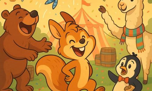 An anthropomorphic squirrel named Sunny, beaming with a wide smile, sugar-brown fur, a large fluffy tail and a blue polka-dot ribbon cap he’s grabbing behind his back while leaning on his tail, center stage in a dynamic pose; a big brown bear named Bruno in slippers with a wrist bell, roaring with laughter to Sunny’s left, reaching as if to toss the cap; a small black-and-white penguin named Pip with a red bow tie and an excited surprised look, balancing a beanbag on his belly to Sunny’s right; a tall cream llama named Lila with a long neck and a colorful knitted scarf, smiling and holding bunting above the group in the background right; a delicate pearlescent moth called Maestro Moth hovering above, conducting the scene with a twig baton; a circus training ground called Tumbly-Tent: a grassy circle edged with wooden barrels, colorful garlands and hanging lanterns, a red-and-white striped tent behind, popcorn and confetti on the ground, warm golden late-afternoon light; main action: the blue cap airborne in a joyful motion with motion lines and sparkles, happy expressions and a festive, cheerful mess.