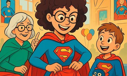 Super Suus, een dynamische vrouw met een glanzende rode cape, staat in het midden van het podium, haar gezicht straalt vastberadenheid en humor uit. Ze heeft krullend haar en ronde brilletjes die haar een ondeugende uitstraling geven. Ze is bezig haar cape zorgvuldig te vouwen, omringd door felle kleuren en leuke patronen. Aan haar rechterkant staat een jongetje van ongeveer 8 jaar, gekleed in een grote Superman-cape, die met bewondering toekijkt, zijn ogen wijd open en een stralende glimlach. Hij houdt een superheldenknuffel in zijn armen, klaar om te helpen. Aan de linkerkant staat een oudere vrouw, Juffrouw Kaat, met een groene cape en dikke brillen, die glimlacht en een bemoedigend gebaar maakt, klaar om Suus de geheimen van het vouwen van capes te leren. De setting is een stadhuiszaal, met muren versierd met kleurrijke vlaggen en superheldenposters. Tafels zijn volgeladen met capes in alle kleuren, en ballonnen zweven aan het plafond, wat een feestelijke sfeer creëert. De hoofdactie toont Super Suus die geconcentreerd haar cape vouwt, terwijl de andere personages haar aanmoedigen, wat een vrolijke en samenwerkende sfeer vol lachen en vriendschap creëert.