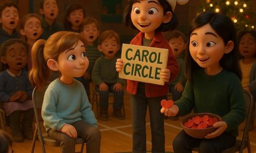 There are three characters: Mia, about 11, fair-skinned with light brown hair in a ponytail, wearing a pale blue sweatshirt and boots — she sits center on a folding chair, right foot tapping the beat; Zoe, about 11, olive-skinned with short black hair and two candy canes tucked behind her ear, wearing a red jacket and a slightly crooked Santa hat — she stands to Mia’s right, smiling and holding a small painted CAROL CIRCLE sign while encouraging the crowd; Hana, about 12, Asian with long straight black hair and a dark green sweater, holding a bowl of red origami hearts — she stands to Mia’s left, tapping her foot in sync and handing a heart to a child. The setting is a school gym decorated for Christmas: varnished hardwood floor with court lines, paper garlands and glittery baubles, a slightly tilted Christmas tree with warm LED lights, folding chairs in a circle and a small table with LED candles and a bowl of origami hearts at the center. Main scene: an improvised carol circle — a small smiling crowd of parents, children and a teacher gathered around the LED candles; Mia keeps the tempo, people softly sing “Silent Night,” faces warmed by soft light, creating an intimate, cozy, communal atmosphere.