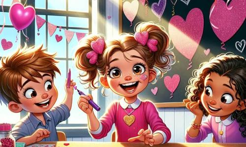 An 8-year-old girl, Rosie, with bouncy pigtails and heart-shaped clips, smiles joyfully, her eyes sparkling with excitement. She is sitting at a table surrounded by colorful papers, scissors, and glue, creating a huge Valentine's card. Next to her, an 8-year-old boy, Freddie, with messy brown hair and a slightly pink nose, laughs while holding a red marker, his hand covered in paint. Amira, an 8-year-old girl with curly hair and caramel skin, leans over to hand him a purple crayon, a big smile on her face. The scene takes place in a bright classroom decorated with pink balloons and paper hearts hanging from the ceiling, with sunlight streaming through the windows. Drawings of hearts and flowers are visible on the blackboard, adding to the festive atmosphere. Rosie, with a determined and joyful look, tries to glue glitter onto her giant card but ends up with her fingers stuck to the paper, causing laughter in the classroom.