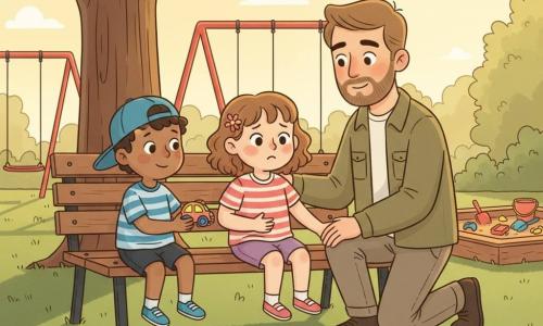 A 4-year-old girl with a round face and curly brown hair, slightly pale cheeks but bright eyes, looking worried then relieved, sits on a wooden bench holding her stomach with one hand and her father's hand with the other; a boy of about 4, Max, in a blue cap and striped T-shirt stands to the left, playfully smiling yet concerned and offering a plastic toy; the father, with a light beard and khaki jacket, kneels beside the bench with a gentle hand on her shoulder and a calm, comforting expression; bright park with grassy ground, large tree shadows, red swings and a sandbox with colorful shovels in the background, bench under a tree in soft late-afternoon light; tender comforting scene after a minor illness, warm pastel colors and simple rounded shapes.