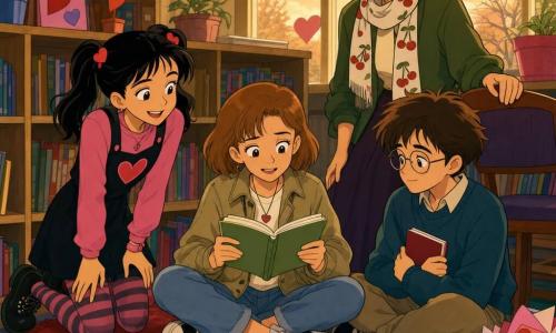 A radiant but slightly nervous 12-year-old girl, Mila, light chestnut bob, wearing a khaki jacket and holding a small green notebook, sits cross-legged on a round red heart-patterned library rug reading aloud; nearby a cheerful 12-year-old girl, Zara, with black pigtails and heart-shaped barrettes, stands or crouches smiling and encouraging Mila; a reserved yet calm 12-year-old boy, Rowan, with tousled brown hair and thin glasses, sits beside Mila holding a closed small red notebook to his chest; Ms. Dalloway, an adult teacher with a cherry-patterned scarf, stands slightly back with a hand on a chair; the bright school library corner has low light-wood shelves, high windows letting in soft late-afternoon light, paper hearts and cards scattered around, a warm Valentine's story circle about kindness, cozy colorful atmosphere, clean lines, saturated pastel palette, expressive 1990s cartoon-style.