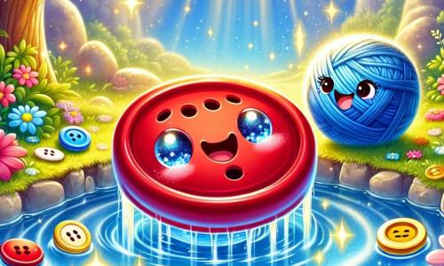 An illustration depicts a smiling red button with sparkling eyes and a joyful face standing by a shimmering spring. The button expresses happiness and relief, its bright contours reflecting sunlight. Next to it, a soft and friendly blue yarn ball with a smiling face and compassionate eyes watches the button with an encouraging expression, ready to help. A cheerful yellow button bounces nearby, exuding enthusiasm and warmth. The main setting is a magical garden filled with colorful flowers and buttons of various shapes and sizes, with sparkles dancing in the air, creating a fairy-tale atmosphere. At the center, a clear and sparkling spring surrounded by shiny stones reflects sunlight, adding a touch of magic to the environment. The main scene shows the red button just having plunged into the spring's water, feeling a sense of healing and happiness, while its friends encourage it with warm smiles. Shimmering water bubbles rise around it, symbolizing the magic and friendship surrounding it.