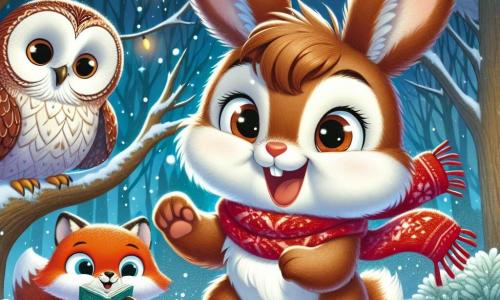 Ein kleiner Hase mit großen Ohren, braunem Fell und einem hübschen roten Schal springt fröhlich im Schnee, sein Gesicht strahlt vor Aufregung und Glück. In der Nähe sitzt eine weise Eule mit weißen und braunen Federn auf einem Ast und beobachtet den Hasen mit neugierigen, funkelnden Augen, während sie ein Märchenbuch in ihren Krallen hält. Ein schelmischer Fuchs mit leuchtend rotem Fell und einem buschigen Schwanz steht etwas weiter weg, lacht und winkt mit einer Pfote zur Begrüßung, sein Gesichtsausdruck ist voller Schalk und Freundschaft. Die Szene spielt in einem verzauberten Wald, wo sanft Schneeflocken von den majestätischen Bäumen fallen und einen weißen, funkelnden Teppich am Boden bilden. Im Hintergrund leuchten bunte Lichter durch die Bäume und verleihen der Atmosphäre einen magischen Touch. Der kleine Hase, voller Freude, entdeckt einen geheimen Weg, der zu einer wunderbaren Weihnachtsstadt führt, wo sich die tierischen Freunde versammeln, um gemeinsam zu feiern, Lachen und Süßigkeiten in festlicher und herzlicher Stimmung zu teilen.