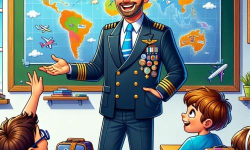 A smiling man, Captain Jack, stands in front of a large classroom board, with sparkling eyes of enthusiasm and a pilot outfit, wearing a white shirt, a blue tie, and a pilot jacket adorned with medals. He holds a large world map covered in colorful stickers while explaining his aerial adventures to the children. Next to him, an 8-year-old girl, Mia, with brown hair and glasses, raises her hand curiously, listening attentively. An 8-year-old boy named Sam, wearing a T-shirt with an airplane, looks at Captain Jack with wide-eyed admiration. The scene takes place in a bright classroom with walls decorated with drawings of airplanes and clouds, sunlight streaming through the windows, and wooden desks where other children sit, captivated by the story. The main situation shows Captain Jack sharing fascinating tales of his airplane journeys, while the amazed children imagine distant landscapes and thrilling adventures in the sky.