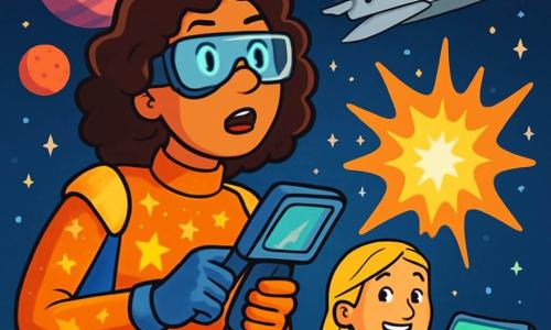 In het midden van de afbeelding staat Dr. Zara van der Meer, een vrouw van ongeveer dertig jaar met krullend kastanjebruin haar en futuristische brillen, met een uitdrukking van verwondering en vastberadenheid. Ze draagt een glanzend ruimtepak met sterrenmotieven en houdt een technologische scanner in haar handen, terwijl ze aandachtig een licht anomalie in de ruimte observeert. Naast haar staat Sara, een jonge vrouw van ongeveer 25 jaar met gevlochten blond haar en een enthousiaste glimlach, die aantekeningen maakt op een holografische tablet. Ook zij draagt een ruimtepak, maar met blauwe accenten, en staat iets op de achtergrond, kijkend naar Zara met bewondering. Op de achtergrond zweeft een zilveren ruimteschip in de uitgestrektheid van de ruimte, omringd door kleurrijke planeten en fonkelende sterren. De scène straalt een sfeer van verkenning en ontdekking uit, met lichtflitsen die uit de mysterieuze anomalie komen, wat een boeiend contrast vormt met de diepe zwartheid van het universum. De hoofdsetting toont Zara en Sara in volle onderzoek, gefascineerd door de schoonheid en het mysterie van de anomalie, wat de avontuurlijke geest en nieuwsgierigheid symboliseert die hen aandrijft om het onbekende te verkennen.