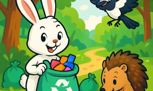 Młody królik o imieniu Bartek, z jasnobiałym futrem i dużymi prostymi uszami, wyraża radosną determinację na swojej twarzy. Trzyma torbę do recyklingu wypełnioną kolorowymi śmieciami, dumnie się uśmiechając. Obok niego jeż o imieniu Olek, z brązowymi kolcami i błyszczącymi oczami pełnymi ciekawości, zbiera papiery swoimi małymi łapkami, pokazując skupiony wyraz twarzy. Sroka o imieniu Zuzia, z lśniącym czarno-białym upierzeniem, lata nad nimi, entuzjastycznie dając instrukcje, z rozpostartymi skrzydłami. Sceneria znajduje się w zielonym lesie, gdzie promienie słońca przebijają się przez liście majestatycznych drzew, oświetlając ziemię usianą kolorowymi kwiatami i liśćmi. W oddali widać krętą ścieżkę przez drzewa. Scena pokazuje Bartka i jego przyjaciół w akcji, organizujących wielkie sprzątanie lasu, z torbami na śmieci wokół nich i uśmiechami na twarzach, ilustrując znaczenie dbania o przyrodę.
