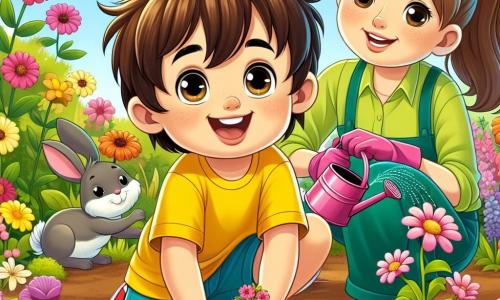 Un niño de 6 años, Miguel, con cabello castaño desordenado y ojos brillantes de curiosidad, está agachado en un jardín colorido, sonriendo de alegría mientras planta semillas de flores en la tierra. Lleva una camiseta amarilla brillante y un pantalón corto azul, con las manos llenas de tierra, mostrando su entusiasmo por la jardinería. A su lado, su mamá, una mujer de unos 30 años con cabello largo y castaño atado en una coleta, sonríe orgullosa sosteniendo un regador. Ella lleva una blusa de jardinería verde y guantes rosas, observando a su hijo con ternura. El jardín es un lugar mágico, lleno de flores vibrantes de todos los colores: rosas, amarillas y violetas, con mariposas volando alrededor y un pequeño conejito gris que los observa desde un arbusto, añadiendo vida a esta escena primaveral. La situación principal muestra a Miguel, concentrado y feliz, sembrando semillas en la tierra fértil, mientras su mamá lo anima y el pequeño conejito parece curioso por descubrir lo que está sucediendo.