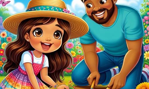 Una niña de 8 años, llamada Sofía, con largos cabellos castaños y ojos brillantes de curiosidad, está plantando semillas de flores en un jardín soleado. Lleva un bonito sombrero de paja y un vestido colorido, y su rostro irradia emoción y alegría. A su lado, su papá, un hombre de unos treinta años con una barba ligera y una sonrisa cálida, la ayuda a cavar agujeros en la tierra. Él viste una camiseta azul y pantalones de jardinería, inclinándose con atención hacia Sofía. El jardín es un lugar mágico, lleno de flores coloridas, mariposas revoloteando y árboles en flor. El cielo es de un azul brillante, salpicado de algunas nubes blancas y esponjosas, y el suelo es rico y fértil, listo para recibir las nuevas plantas. La escena principal muestra a Sofía y su papá trabajando juntos, con herramientas de jardinería a su alrededor, creando un momento de complicidad y felicidad en medio de la naturaleza primaveral.