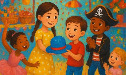 Martina, niña de 8 años, sonríe con orgullo y ofrece un gran sombrero azul brillante con pluma roja; cabello en dos largas trenzas y vestido amarillo de lunares blancos. Hugo, niño de unos 9 años, tímido y maravillado, con camiseta roja y vaqueros, recibe el sombrero con las manos juntas y una gran sonrisa. Tomás, niño de 8 años, alegre y enérgico, con disfraz de pirata, aplaude y salta junto a Martina. Clara, niña de 8 años, en tutú rosa, ríe y baila desde la izquierda con las manos en alto; Lucía, niña de 6 años, pequeña y curiosa, sentada junto a una pila de globos multicolores, aplaude tímidamente al fondo. Mercado cubierto con puestos de madera pintados, banderolas coloridas, guirnaldas de farolillos, montones de dulces, flores de papel y confeti cayendo; escena de carnaval y compartición, luz cálida, colores vivos, gestos tiernos, composición centrada en el intercambio del sombrero. Estilo: pintura acrílica infantil, pinceladas visibles, paleta saturada (azul real, carmín, amarillo sol, rosa golosina), texturas gruesas y contornos suaves.
