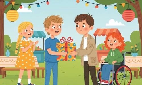 Vier Kinder: Jonas (10) mit strubbeligem hellbraunem Haar, blauem T‑Shirt und Jeans hält links-zentral ein großes buntes Paket und lächelt Leon an; Leon (10) mit kurzem braunem Haar und abgenutzter Jacke steht rechts-zentral, leicht vorgebeugt und nimmt das Paket emotional entgegen; Emma (10) mit langer blonder Natter und gelbem gepunktetem Kleid klatscht fröhlich links hinter Jonas; Sofia (10, Rollstuhl) mit lockigem rotbraunem Haar und grünem Sweatshirt schiebt rechts hinter Leon ihren modernen Rollstuhl mit roten Rädern und lächelt. Schauplatz: Sommergarten des Gemeindezentrums mit grüner Wiese, bunten Girlanden, Holz­tischen mit gemusterten Tischdecken, Spielständen und Papierlaternen unter hellem blauem Himmel; Szene: warm, hoffnungsvoll, helle kontrastreiche Farben, Fokus auf dem Geschenktausch zwischen Jonas und Leon.