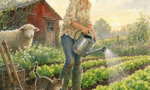 Clara, sonriente y serena, con coleta, blusa de flores y botas de goma embarradas, riega hileras de lechugas con una regadera metálica; un gato atigrado llamado Mote, pequeño y curioso, se cuela entre sus botas en primer plano; a la izquierda, una vieja oveja blanca observa desde el borde del huerto; escena en un huerto de granja al amanecer con hojas mojadas, suelo húmedo, una caseta de madera roja y cielo pálido; ambiente de luz suave, gotas relucientes en las hojas y herramientas junto a ella.