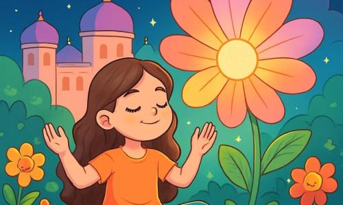 Una niña de 10 años, Lucía, con largos cabellos castaños ondulados y ojos brillantes de curiosidad, está sentada en posición de loto sobre una alfombra suave en el centro de un jardín mágico. Sonríe serenamente, con los brazos levantados hacia el cielo, como si absorbiera la luz suave que la rodea. A su lado, una flor gigante de pétalos en colores pastel se abre lentamente, emitiendo una luz cálida. En el fondo, estrellas brillantes flotan en un cielo nocturno, añadiendo un toque de magia a la escena. El jardín está lleno de flores sonrientes y nubes esponjosas que parecen bailar al ritmo de la suave brisa. Las paredes del palacio, en suaves tonos de rosa y azul, brillan como sueños. Lucía practica posturas de yoga, respirando profundamente y conectándose con la paz interior, mientras la luz de la flor la envuelve con un aura reconfortante.