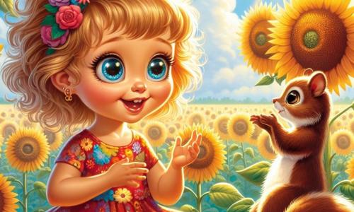 In the center of the image, a 3-year-old girl named Lily, with sparkling big eyes and curly blonde hair, smiles in wonder as she listens to the flowers. She wears a colorful dress adorned with floral patterns and is sitting in a field of sunflowers, her hands reaching out to the golden petals. Next to her, a small squirrel named Oliver, about 2 years old in rodent age, wears small round glasses on his nose and has silky brown fur. He stands on a branch of an old oak tree, watching Lily with a wise smile and his paws crossed. The setting is a vast sunflower field, illuminated by bright sunlight, with tall golden flowers gently swaying in the breeze. In the background, a light blue sky is dotted with fluffy white clouds, creating a peaceful and joyful atmosphere. The main scene shows Lily asking a question to the sunflowers, her eyes shining with curiosity, while Oliver, the wise squirrel, encourages her to listen to the flowers' answers, creating a magical moment of discovery and learning.