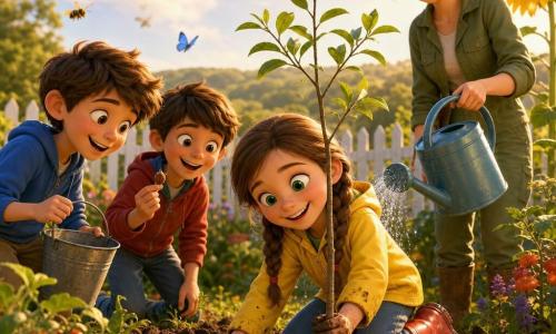 An 8-year-old girl, enthusiastic and smiling, light brown hair in two braids, bright green eyes, wearing a yellow jacket and red rubber boots, kneels to plant a young tree in dark soil, her hands muddy and her face hopeful; behind her a calm, kind ~35-year-old mother with brown hair in a bun and an olive gardening outfit holds a blue watering can ready to water; two curious neighboring boys (~9) stand a few steps to the left, one with a small bucket, the other showing a seed, all smiling; the bright backyard garden has neat beds with red tomatoes, giant sunflowers, colorful butterflies and buzzing bees, a white wooden fence and green hills under a golden late-afternoon sky, warm optimistic mood, fresh soil and sparkling water droplets, saturated colors and soft 3D animated-film textures.