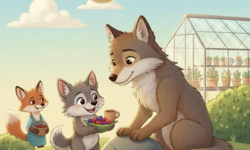 Fluffy grey wolf pup with a joyful, proud expression, bright eyes and pointed ears, holding a leaf bowl of colorful berries (red, blue, a purple one in the center) and a small clay cup, standing by a rock; mother wolf, large and gentle with warm grey fur tinged brown, tender gaze and calm smile, sitting beside him and leaning in to receive the gift with a paw on his shoulder; Aunt Juniper, a red fox with mischievous eyes, stands by a bush in the background holding a berry basket and watching with amused pride; a glass greenhouse with a tiled glass roof reflecting the sky and pots of flowers and herbs inside sits further back with golden light filtering through; grassy hill at sunrise with green grass, yellow flowers and a pale blue sky dotted with softly shaped clouds; the moment is a warm, intimate Mother's Day scene as the pup offers homemade breakfast and a poem, rendered in saturated pastels, soft gradient shadows and slightly plush fur textures, centered composition and welcoming, readable expressions.
