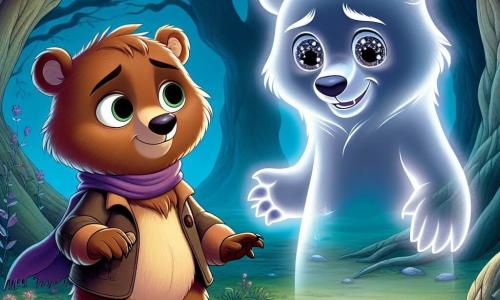Un giovane orso di nome Leo, con un morbido manto marrone cioccolato, si trova al centro di una radura misteriosa, i suoi grandi occhi rotondi pieni di meraviglia e apprensione. Osserva con curiosità un'ombra eterea che prende forma davanti a lui, un altro orso traslucido con occhi scintillanti come stelle, che gli sorride dolcemente, trasmettendo un'aura di saggezza e conforto. La radura è circondata da alberi imponenti con tronchi nodosi, le cui foglie scure creano un gioco di ombre inquietanti sul terreno. Una dolce luce lunare illumina la scena, facendo brillare una piccola fonte al centro della radura, dove l'acqua scintilla come diamanti. Nonostante la paura, Leo si avvicina all'ombra, pronto a scoprire il segreto di questo incontro misterioso. L'atmosfera è sia magica che leggermente inquietante, catturando l'essenza di un'avventura che mescola curiosità e brividi.