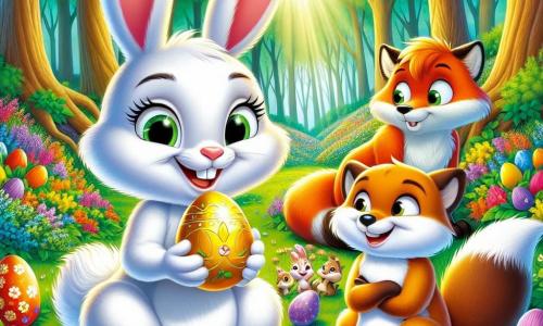 Un giovane coniglio di nome Tito, con un pelo bianco splendente e grandi orecchie dritte, è seduto su un tappeto di fiori colorati, un sorriso radioso illumina il suo volto. Tiene un uovo di Pasqua dorato tra le zampe, gli occhi brillanti di eccitazione e curiosità. Accanto a lui, una volpe astuta di nome Lila, con un pelo arancione vivace e una coda folta, osserva l'uovo con meraviglia, gli occhi scintillanti di gioia. Un castoro di nome Bruno, robusto e con un pelo marrone, si appoggia all'indietro, le zampe sui fianchi, mostrando un sorriso orgoglioso mentre ammira il lavoro di squadra. La scena si svolge nella radura centrale della foresta di Arcobaleno, circondata da alberi maestosi con foglie verdi vibranti, creando un'atmosfera magica e gioiosa. Tito e i suoi amici celebrano la Pasqua, circondati dai loro uova decorate, condividendo risate e storie, mentre il sole splende sopra, illuminando la loro gioiosa amicizia.