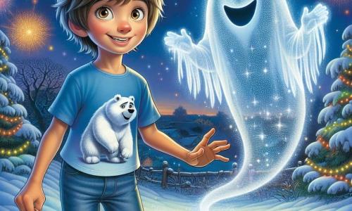 Un ragazzo di 12 anni, Matteo, con i capelli castani in disordine e gli occhi pieni di curiosità, si trova al centro dell'immagine, sorridendo con entusiasmo. Indossa una maglietta blu con un grande orso polare e dei pantaloni di jeans. Tiene in mano un piccolo campanello d'argento scintillante, simbolo del suo successo nella sua ricerca. Accanto a lui, un fantasma traslucido, il Fantasma di Capodanno, fluttua nell'aria. Ha un aspetto amichevole, con un sorriso caloroso e occhi brillanti, vestito con una veste eterea che sembra fatta di luce. Alza la mano per celebrare la vittoria di Matteo. Sullo sfondo, il giardino di Matteo è coperto da uno spesso strato di neve, con alberi decorati con ghirlande luminose e stelle scintillanti nel cielo notturno. Fuochi d'artificio colorati esplodono nel cielo, illuminando la scena con una magia festiva. La situazione principale mostra Matteo, raggiante di gioia, mentre tiene il campanello d'argento, mentre il fantasma lo incoraggia con un gesto amichevole, celebrando insieme la magia del Capodanno e il compimento delle sfide.