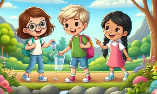 Drie kinderen zijn aanwezig: Emma, een 8-jarig meisje met bruin haar en een bril, die glimlacht en een kleurrijke rugzak vasthoudt; Lucas, een 9-jarige jongen met rommelig blond haar, die een groene t-shirt draagt en een plastic bekertje vasthoudt om afval op te rapen; en Noor, een 8-jarig meisje met gevlochten zwart haar, gekleed in een roze jurk, die met haar vinger naar een mooie vlinder wijst die bij hen vliegt. Ze bevinden zich aan de oever van een klein water in een prachtig natuurpark, omringd door weelderig groen, kleurrijke bloemen en majestueuze bomen. De lucht is blauw en zonnig, en vogels zingen in de takken. De kinderen zijn bezig met het oprapen van afval van de grond, met glimlachen op hun gezichten, terwijl ze de schoonheid van de natuur om hen heen bewonderen. Vissen zwemmen in de rivier en vlinders fladderen om hen heen, wat een vrolijke en uitnodigende sfeer creëert.