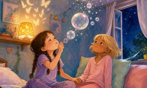Duas meninas de cerca de 6 anos: à esquerda, cabelo castanho em duas tranças, olhos risonhos, sentada na cama segurando uma pequena varinha de bolha e soprando uma bolha iridescente; à direita, cabelo loiro curto, sorriso suave, encostada num travesseiro em tons pastéis, segurando a mão da primeira e observando as bolhas subirem; quarto infantil pequeno e acolhedor com paredes em tons pastéis, estante de madeira clara com uma pequena lâmpada que projeta luz âmbar e sombras de borboletas e luas, coberta de algodão com padrão de nuvens e janela entreaberta com brisa noturna; bolhas de sabão translúcidas refletem halos rosas, azuis e dourados, sobem ao teto e se transformam em pequenas estrelas cintilantes, criando uma atmosfera calma e reconfortante.