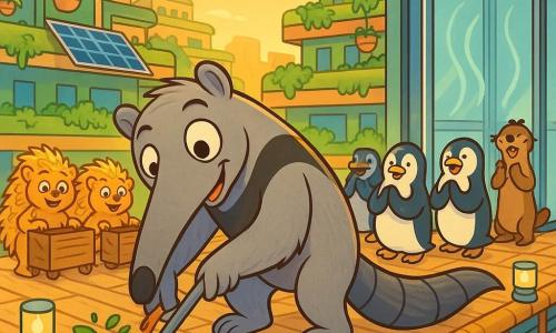 Nilo, um tamanduá-bandeira amigo e curioso de focinho longo e pelagem gris clara, sorri enquanto limpa uma saída de ar, retirando folhas e pequenos objetos; atrás dele, um grupo de ouriços-dourados alinhados empurra caixas, surpresos e agradecidos; pinguins e lontras formam uma fila colorida junto a um grande elevador de vidro, aplaudindo e segurando pequenas lanternas solares; cenário: rua-terraceada futurista com edifícios em escada cobertos de vegetação, jardineiras suspensas, painéis solares, passarelas de bambu e drones luminosos no ar; situação: limpeza colaborativa de uma boca de ventilação bloqueada em clima de crepúsculo, ar visível em leves ondas, cores vivas e mistura de texturas naturais e elementos tecnológicos.