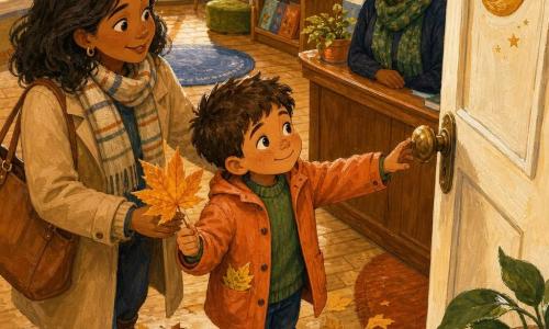 Um menino de 6 anos, rosto redondo com sardas, cabelo castanho curto, expressão curiosa e orgulhosa, segura uma grande folha em forma de estrela na mão direita e aproxima-se timidamente da maçaneta da porta da biblioteca; veste casaco laranja claro, suéter verde e galochas molhadas. A mãe (30–35 anos) está logo atrás, sorridente e tranquilizadora, mão esquerda no ombro do menino, casaco bege e cachecol listrado, olhando a porta com carinho. Uma bibliotecária (cerca de 50 anos) aparece no batente interno, cabelo grisalho apanhado, óculos redondos e lenço verde, postura acolhedora junto a um balcão de madeira. Entrada de uma pequena biblioteca aconchegante: chão de madeira clara que range, grandes janelas com luz dourada de outono, estantes baixas com capas coloridas, tapetes felpudos e porta com motivo de lua pintado em creme. O menino hesita na entrada iluminada, folhas amarelas e vermelhas rodopiando aos seus pés, uma folha no bolso como tesouro; ambiente suave e acolhedor, reflexos alaranjados na madeira e um pequeno baú de livros atrás da bibliotecária. Paleta de cores em tons quentes de outono — laranja queimado, amarelo mostarda, marrons suaves, verde-sálvia — com toques creme e azul-acizentado; textura de pintura acrílica, pinceladas texturizadas e iluminação suave. Estilo: ilustração infantil, formas arredondadas e simples, traços suaves, perspectiva ligeiramente oblíqua para realçar a pequenez do menino e a calorosidade do lugar.