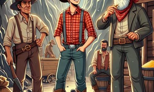 Um jovem cowboy, Jack, um homem de cerca de 20 anos, com um largo sorriso, um chapéu de cowboy desgastado e uma camisa xadrez vermelha, está no centro da cena, com os braços cruzados, exibindo uma expressão determinada e confiante. À sua direita, um velho minerador chamado Ben, um homem de cerca de 60 anos, com uma longa barba branca e um rosto enrugado, observa Jack com admiração, segurando uma picareta em uma mão e uma pepita de ouro na outra. À esquerda, Hank, um homem corpulento de cerca de 40 anos, com um olhar cético e um bandana vermelho ao redor do pescoço, está em segundo plano, com os braços cruzados, mostrando uma expressão de desconfiança, mas também de interesse. O cenário é uma mina de montanha, com paredes rochosas escuras e fragmentos de ouro brilhando na luz do sol que entra pela entrada. Ferramentas de minerador estão espalhadas ao redor, e uma luz quente ilumina a cena, criando uma atmosfera de tensão e excitação. A situação principal mostra Jack tentando convencer Ben e Hank a trabalharem juntos para explorar a mina, ilustrando a importância da amizade e da cooperação na busca por ouro.