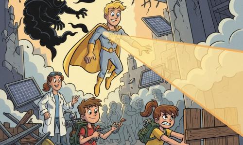 The main character is Solar Knight, a determined man with a warm smile, sun-gold hair and bright blue eyes, wearing a fitted gold-and-silver suit with a large sun emblem on his chest and a flowing cape; he hovers just above the ground, projecting a wide yellow-orange beam to light the way. A boy, Finn (about 12), with messy brown hair and a backpack of gadgets, stands near a collapsed entrance, aiming a grappling hook and directing the crowd with a mischievous but focused expression. A girl, Lucy (about 10), with a brown ponytail in sportswear and sneakers, holds an improvised barricade in the foreground, muscles tense and gaze determined. Dr. Solara (about 35), hair tied back, a soot-stained lab coat and safety glasses pushed up, stands by a half-buried solar machine, looking relieved and grateful. Shadow Master, a dark hooded figure with smoky, shadowy tendrils, lurks in the shadow of a cracked pillar trying to snuff the light. The setting is a partially collapsed urban building with twisted steel beams, shattered glass, dust and smoke, sunbeams through cracks, bent solar panels and hanging cables, with blurred citizens helping in the background. The scene is a dynamic rescue: Solar Knight opens a luminous path to guide frightened workers out while Finn and Lucy reinforce the entrance and Shadow Master attempts to extinguish the light, creating a heroic, reassuring contrast of warm light and cold shadows.