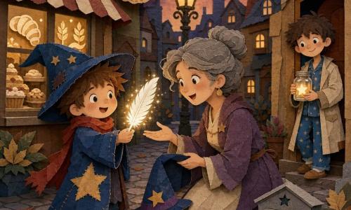 The main character is a boy apprentice wizard with a round smiling face, messy chestnut hair, an oversized hat, a blue robe with a large sewn star and a red scarf; he delicately holds a sparkling white feather and looks grateful and amazed. A key secondary character is his mistress, a 30–40-year-old woman with grayish hair in a soft bun, kneeling, holding the hat in one hand and reaching for the feather with wonder and tenderness. Another secondary is a boy called the Dreamer, about 10, in pajamas under a light coat, standing near a doorway holding a jar with a glowing star and watching with kindly mischief. The setting is a small cobbled village street at dusk in front of a bakery with frosted windows and a small gray station marked 