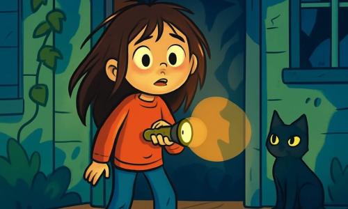 An 8-year-old girl, Mia, with messy long brown hair and wide curious eyes, stands on the porch of an old house. She wears a worn red sweater and jeans, holding a flashlight that lights up her worried face. Inside the house, shadows dance on the walls, creating a mysterious atmosphere. In the shadows, a black cat with bright eyes watches Mia, sitting on a step as if keeping an eye on her. The scene takes place in front of the entrance of an old house with cracked walls covered in ivy, and broken windows letting in shards of light. The porch is made of weathered wood, with boards creaking under Mia's weight. Hesitant but determined, Mia prepares to enter the house, the flashlight illuminating the dark path ahead, while a light breeze rustles the leaves of the surrounding trees.