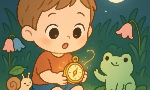 Bambino di 4 anni dall'espressione meravigliata e dolce, capelli castano chiaro corti, occhi tondi e brillanti, seduto sull'erba con una piccola bussola luminosa dorata tra le mani che guarda come un tesoro; la bussola, oggetto rotondo di luce e miele, emette un bagliore caldo e un sottile filo dorato fluttuante; accanto a una pietra una minuscola lumaca con cappello-foglia verde pallido sorride guardando la bussola; una rana verde menta, corpulenta, su una grande foglia vicino a uno stagno solleva la zampa come per salutare; giardino notturno con erba smeraldo, fiori a campanella pastello, piccolo stagno specchio e luna rotonda; scena principale calma, magica e tenera, luci calde, ombre morbide, palette pastello e forme semplici e rotonde.