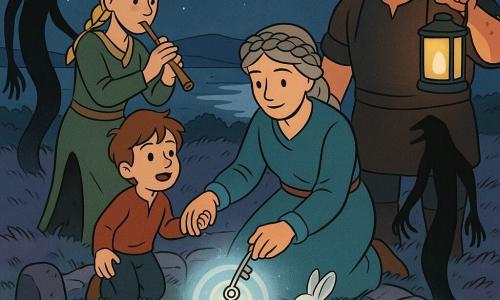 Maire, mulher de rosto doux e cabelos gris tressés en couronne, agenouillée, manteau brun e botas de couro, segura uma pequena chave prateada em espiral sobre um círculo de pedras; ao seu lado esquerdo, o menino Tomás, 6 anos, cabelos castanhos despenteados, olha maravilhado e corajoso, segurando a mão dela e cantando; atrás à direita, Bran, o ferreiro, de ombros largos e mãos sujas de fuligem, levanta uma lanterna amarela para iluminar; atrás à esquerda, Nia, a pastora esguia de cabelos loiros trançados, sopra numa flauta de madeira; o coelho mágico Lúmen, branco com reflexos azuis, salta perto da pedra central emitindo um brilho suave; uma sombra longa e delgada, o Vulto da Fenda, recua para a escuridão com forma esfumaçada; tudo acontece num círculo antigo de pedras numa colina de urze sob a lua cheia, bruma luminosa formando um portal redondo no centro e um lago refletindo a lua ao fundo; momento tenso e caloroso: todos cantam enquanto Maire insere a chave no coração luminoso do portal, que se fecha suavemente, transmitindo esperança e unidade.