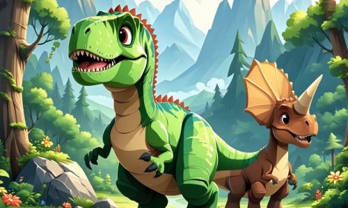 Un giovane Tyrannosaurus Rex di nome Tino, con una pelle verde brillante e occhi pieni di curiosità, si trova al centro dell'immagine, mostrando un'espressione determinata. Ha piccoli bracci muscolosi e una lunga coda che ondeggia dietro di lui, mentre guarda verso l'orizzonte, pronto per un'avventura. Alla sua destra, un triceratopo amichevole di nome Toto, con pelle marrone e corna imponenti, sta al suo fianco, sorridendo e pronto a seguirlo. A sinistra, un pterodattilo di nome Pina, con ali colorate e un becco appuntito, vola gioiosamente nell'aria, aggiungendo dinamicità alla scena. Lo sfondo è una valle preistorica, piena di vulcani fumanti e rocce scintillanti sotto il sole, con felci giganti e alberi lussureggianti sullo sfondo. La scena principale mostra Tino, Toto e Pina che si preparano a partire insieme alla ricerca dell'amico magico, simboleggiando lo spirito di avventura e amicizia che li unisce.