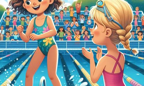 Uma menina de 10 anos, Clara, está à beira de uma piscina, com seus cabelos cacheados flutuando levemente ao vento. Ela usa um maiô colorido e óculos de natação, exibindo um grande sorriso de empolgação e determinação. Ao seu lado, sua parceira de natação, Sofia, também de 10 anos, com cabelos loiros trançados e um maiô rosa vibrante, a encoraja com um polegar para cima, mostrando seu entusiasmo. A piscina é cercada por arquibancadas cheias de espectadores, crianças e pais, todos aplaudindo e sorrindo. O céu está azul e ensolarado, adicionando uma atmosfera alegre à cena. Clara e Sofia se preparam para mergulhar na água para participar de um desafio de natação, prontas para mostrar seu espírito de equipe e amizade. As respingos de água brilham ao redor delas, simbolizando a energia e a diversão da competição.