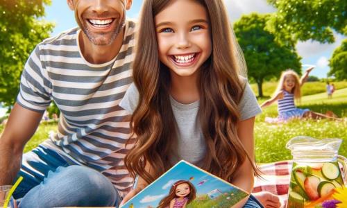 Uma menina de 8 anos, Sofia, com longos cabelos castanhos e olhos curiosos, está sentada em uma toalha xadrez colorida em um parque ensolarado. Ela sorri alegremente, cercada de deliciosos sanduíches e frutas frescas, segurando um livro ilustrado sobre tradições de verão. Ao lado dela, seu pai, um homem de trinta anos com uma leve barba e uma camiseta listrada, lança um frisbee no ar, rindo entusiasticamente. Sua mãe, uma mulher sorridente de trinta anos com cabelos castanhos presos em um coque, prepara bebidas refrescantes em um grande jarro de vidro, adicionando fatias de limão. O parque é verde, com grandes árvores de folhas brilhantes, flores coloridas espalhadas pela grama e crianças brincando ao longe. A cena mostra Sofia e sua família desfrutando de um piquenique de verão, repleto de risos e felicidade, sob um céu azul com algumas nuvens brancas.