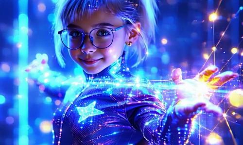 Uma jovem super-heroína enérgica e serena, rosto concentrado e sorriso calmo, cabelos curtos com mecha prateada, veste um traje colante de tecido luminoso que muda de cor e mantém as mãos sobre uma grande caixa metálica brilhante redirecionando feixes de luz azul em formas geométricas douradas; uma menina de ~12 anos de óculos redondos, camiseta com desenho de planeta e rabo de cavalo observa com orgulho e segura um pequeno balde de tinta fluorescente ao lado de uma poça colorida no chão, em frente ao pedestal; um homem adulto, Doutor Prism, de sobretudo prateado e óculos espelhados, com expressão contrariada e surpresa escorrega na poça de tinta brilhante, braços no ar, caindo perto do pedestal; local: grande praça urbana noturna com barracas, estruturas de vidro e metal e um arco high-tech intitulado “Céu de Dobra” com bobinas e projetores, acima uma aurora artificial em faixas azul-esverdeadas e confetes de luz caindo; situação principal: confronto pacífico e colorido — a heroína transforma a aurora hipnótica em padrões interativos cujas formas geométricas douradas acalmam a multidão, a menina ajudou preparando uma armadilha cômica de tinta, e o vilão escorrega para fora da cena; composição dinâmica, iluminação néon, reflexos em superfícies vítreas, atmosfera festiva e resolutiva.