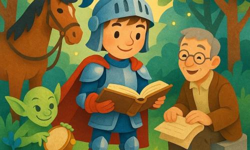 Ein lächelnder, mutiger Junge-Ritter Sir Roland in glänzender blau-rot reflektierender Rüstung und wehender Umhang hält sanft ein altes aufgeschlagenes Buch und steht erstaunt in der Bildmitte; rechts sitzt ein etwa 40-jähriger Schreiber mit hellgrauem Haar, runder Brille und braun-beiger Gelehrtenkleidung und berührt freudig Schriftrollen; links hinter einem Blumenbüschel hockt ein schelmischer, blassgrüner Kobold mit spitzen Ohren und kleinem goldenen Tamburin; im Hintergrund ein großes braunes Pferd namens Blitz mit stilisierter Mähne, an einen Zweig gebunden und den Ritter ermunternd; Ort: eine helle Waldlichtung mit geschichtetem Gras, farbigen Papierblumen, überlagerten Blättern und kleinen gelben Glühwürmchen; Szene: der Ritter hat soeben das magische Buch auf einem Sockel geöffnet — Staunen und Entdeckung, klare Darstellung, kräftige Kontraste (Blau, Grün, Rot, Gelb) und weiches Licht von Buch und Glühwürmchen.