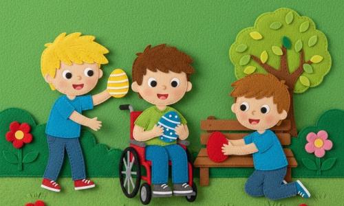 Drei Jungen: Max (8) mit kurzen braunen Haaren, hellem Teint, sitzt im roten Rollstuhl und hält ein blau gesprenkeltes Ei, Theo (7) mit blonden wilden Haaren, hellem Teint, steht links leicht vorgebeugt und zeigt ein gelb gestreiftes Ei in der rechten Hand, Leo (6) mit kastanienbraunen Haaren, hellem Teint, kniet rechts und streckt die Hand zu einem roten einfarbigen Ei unter einer kleinen braunen Holzbank; Schauplatz: bunter Frühlingsgarten mit grüner Filzrasenoptik, runden Sträuchern, kleinem Filzbaum, einfacher Holzbank und roten, gelben und rosa Blumen; Szene: Ostereiersuche, lebhafte kontrastreiche Eier, sonnige Atmosphäre mit weichen Schatten, klare leicht lesbare Komposition für ein Filzbild für Kleinkinder.