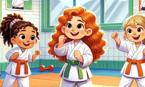 In einem hellen Fitnessraum trainieren vier fünfjährige Mädchen Karate. Lena, mit ihren lockigen roten Haaren, trägt einen weißen Kimono und lächelt entschlossen in der Mitte. Rechts von ihr steht Mia, ein blondes Mädchen mit langen Zöpfen, das begeistert eine Karatebewegung ausführt, ihre Augen strahlen vor Freude. Links versucht Sophie, mit ihren braunen Locken, die Bewegungen von Lena konzentriert und ernsthaft nachzuahmen. Schließlich applaudiert Emma, mit braunen Haaren zu einem Pferdeschwanz gebunden, ihren Freundinnen mit einem breiten Lächeln, während sie hinter ihnen steht. Der Raum ist mit bunten Postern großer Karate-Meister dekoriert, und grüne Matten bedecken den Boden. Sonnenstrahlen fallen durch große Fenster und erhellen den Raum, was eine warme Atmosphäre schafft. Die Mädchen trainieren gemeinsam, lachen und ermutigen sich gegenseitig, ihr Bestes zu geben, was den Teamgeist und die Kameradschaft zeigt.