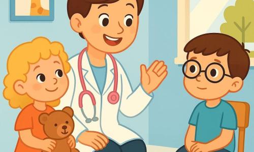 Uma médica sorridente, com cabelos castanhos presos em um coque, usa um jaleco branco e um estetoscópio rosa ao redor do pescoço. Ela tem olhos brilhantes de alegria e um grande sorriso caloroso. Ao seu lado, uma menina de 5 anos, com cabelos loiros cacheados, segura um urso de pelúcia e olha para a médica com admiração. Um menino de 6 anos, com cabelos castanhos e óculos redondos, está sentado em uma cadeira, um pouco nervoso, mas curioso. A cena ocorre em uma clínica iluminada, com paredes pintadas de azul claro e desenhos de animais coloridos pendurados. Brinquedos estão espalhados pelo chão e uma grande janela deixa entrar a luz do sol. A médica explica às crianças como cuidar da saúde, enquanto brinca com elas e as tranquiliza.