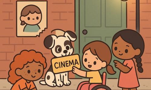 Hay cuatro personajes: Lucía, 8 años, piel clara, pelo castaño en coleta, sentada en una pequeña silla de ruedas rosa con estrellas en el centro, extiende la mano para recuperar el gran cartel de cine que sostiene el perro; Carla, 8 años, pelo rizado rojizo y pecas, agachada a la izquierda recogiendo envoltorios de caramelos; Sofía, 8 años, pelo negro liso en trenza, a la derecha señalando al cachorro y mirando el cartel con expresión concentrada; y un cachorro manchado blanco y negro sentado ante un muro de ladrillo que sostiene el borde del cartel en la boca con mirada traviesa. Escena frente a la parte trasera de un cine de barrio con muro de ladrillo rojo, puerta metálica verde, suelo empedrado con palomitas y envoltorios, un farol que proyecta luz cálida y un póster parcialmente mordisqueado; situación principal: las tres pequeñas detectives recuperan juntas el cartel del perro en una escena alegre de colores pastel y detalles gráficos nítidos.