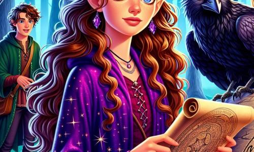 Elara, a young witch with long, wavy chestnut hair, wears a purple velvet dress adorned with sparkling star patterns. Her face is lit up with determination and curiosity as she holds an ancient scroll, examining a circle of mysterious stones. Beside her is Orion, a mischievous elf about 15 years old, with pointed ears and sparkling eyes, dressed in a green tunic. He watches Elara closely, ready to assist her with an encouraging smile. Luna, a charming crow with shiny black feathers, perches on a stone, her bright, mischievous eyes scanning the surroundings for imminent danger. The setting is an enchanted clearing surrounded by majestic trees with gnarled trunks and shimmering leaves, while soft light filters through the foliage, creating a magical atmosphere. The main scene shows Elara discovering the ancient stone circle, ready to uncover the mystery that could free her family from the curse, with a palpable aura of magic in the air.